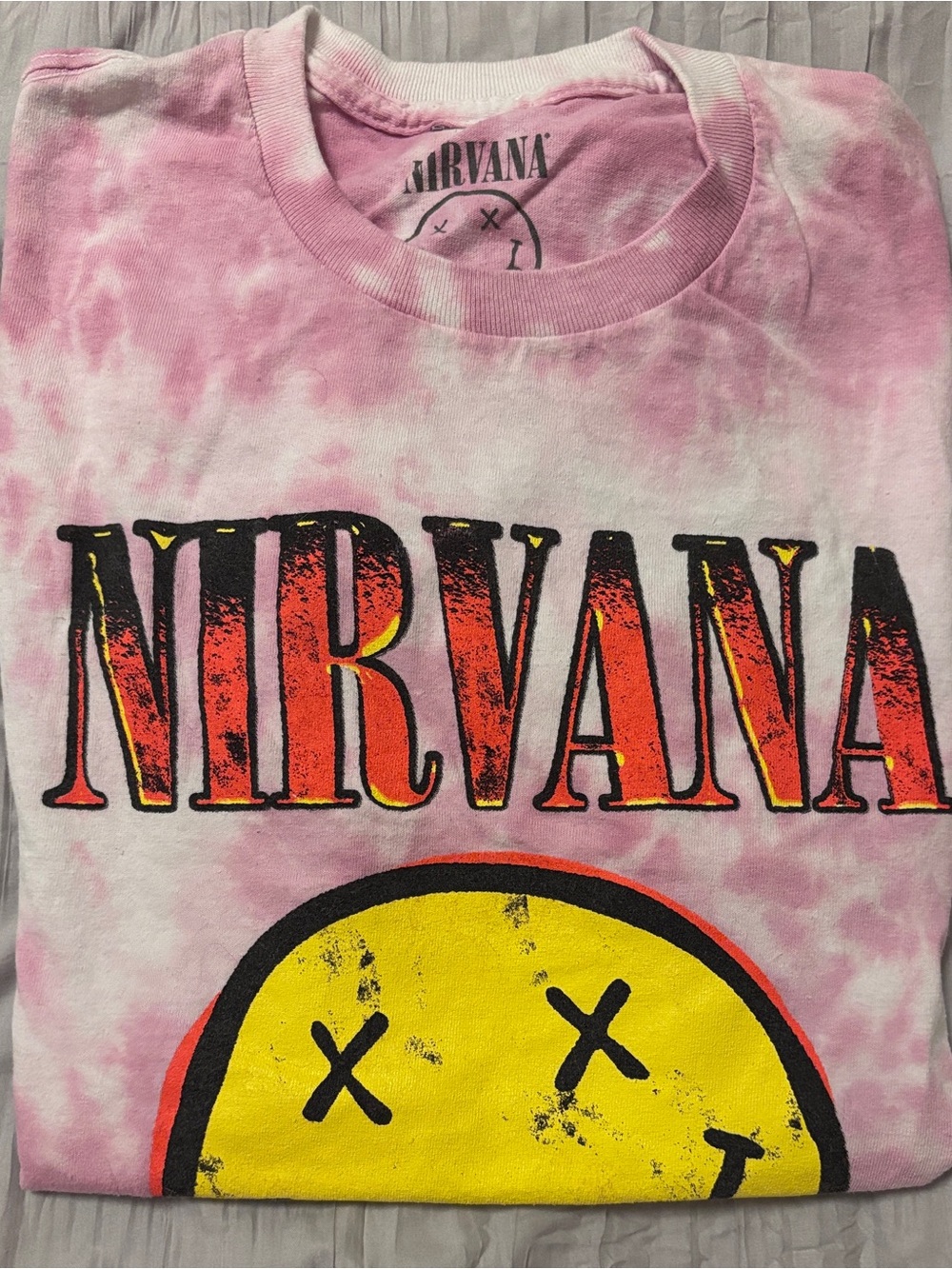 NIRVANA Pink Tie-Dye aShort-Sleeve Graphic Tee with Yellow Smiley